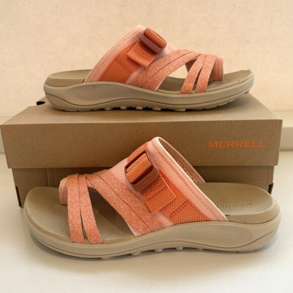 Merrell District 4 Post Sandals Toe Loop Slip On Wedge Peach Size 8 NEW - Picture 2 of 7